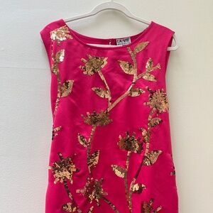 La Vie Hot Pink Sequin Floral Maxi Dress with Gold Embroidery